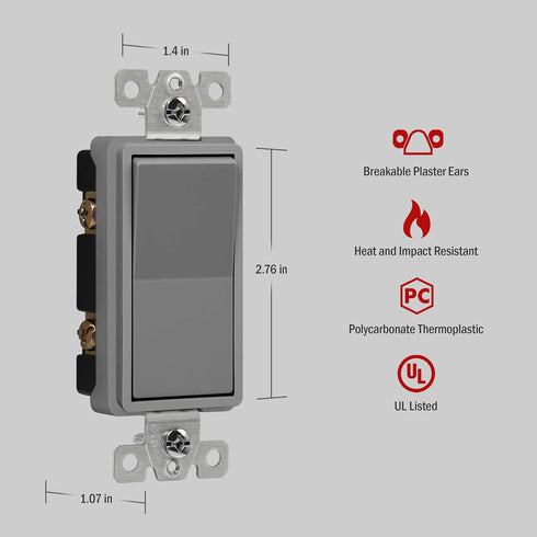 ENERLITES 20 Amp Light Switch, Single Pole Decorator Style, Commercial Grade, Gray, 91200-GY
