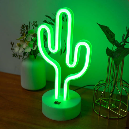 Summer, Green Cactus Neon Lights with Holder Base, Cactus Neon Signs for Bedroom, Tabletop, Bar, Birthday, Christmas
