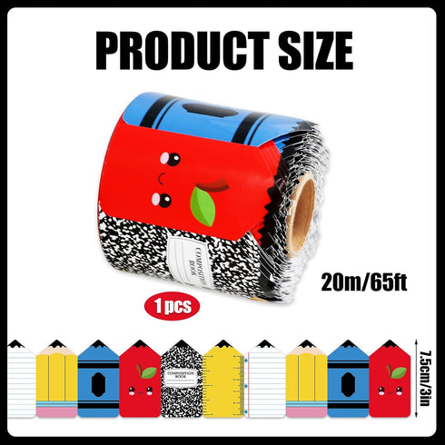 65.6Ft Whaline Back to School Pencil Bulletin Board Border Composition Notebook Apples Crayon Die Cut Trim Border Roll
