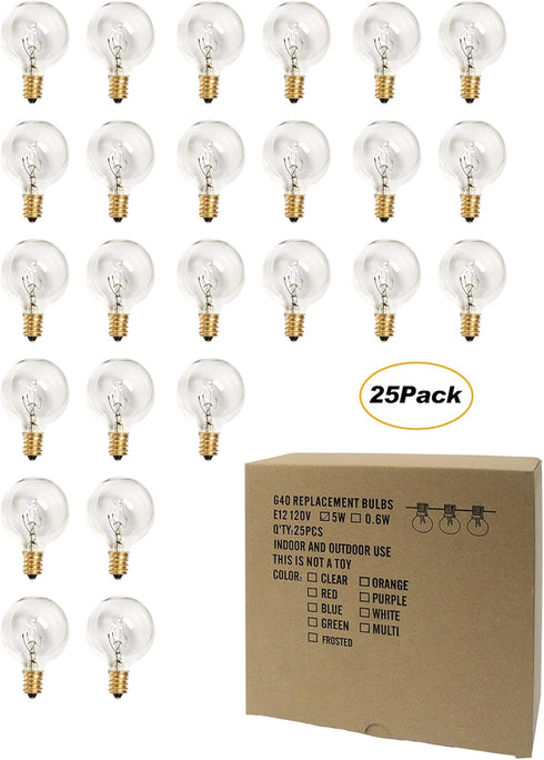 Adirxon 25-Pack G40 Bulbs, Bulbs 5W Dimmable, E12 2200K Globe Replacement Clear Glass Incandescent Light for Outdoor