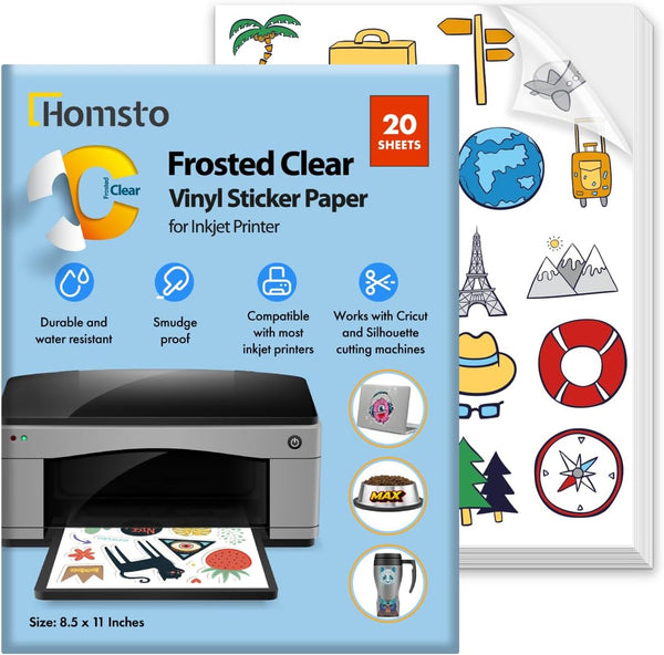 Vinyl Sticker Paper - Frosty Clear Printable Sticker Paper for Inkjet Printer, Quick Drying, Water Resistant, 8.5 x 11