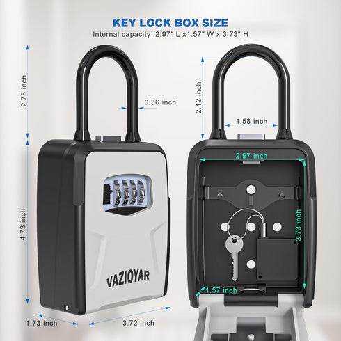Key Lock Box,With Retractable Key Tether,With removable shackle,Upgraded Wall Mounted Key Safe Box, High-Capacity Key Safe Lock Box,Aluminum Alloy Reinforced Lock Body by Vazioyar