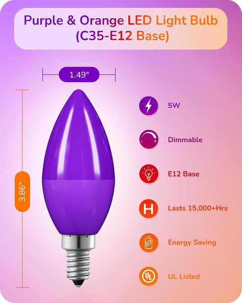 C35 Dimmable Bulb, E12 Bulbs, 60 Bulb, Bulb Bulbs, 6 Pack EDISHINE Christmas Purple & Orange LED Light Candelabra Watt