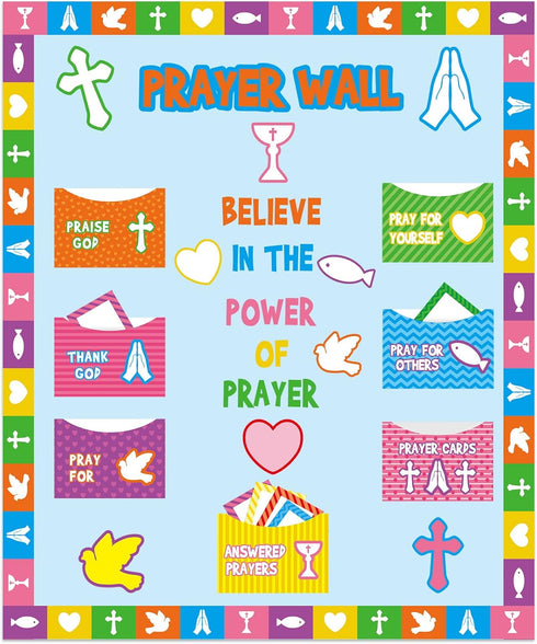 Geelin 184 Pcs Prayer Wall Bulletin Board Set, Cork Board Religious Decor Rainbow Christian Decorations for Classroom