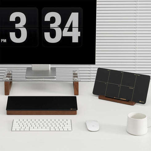 Desktop Black Glass Dry Erase Board with Wood Organizers for Small Office Supplies, Drawer Included