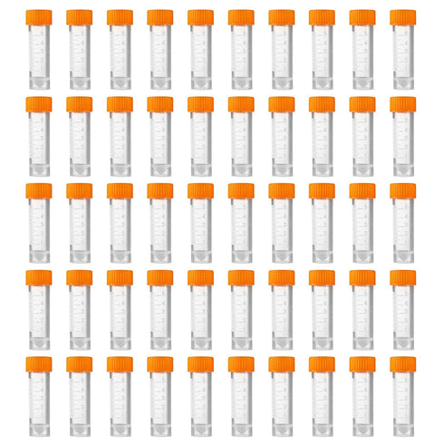 Eowpower 50pcs 5ml Flat Bottom Plastic Graduated Vial Storage Container Test Tubes with Screw Caps