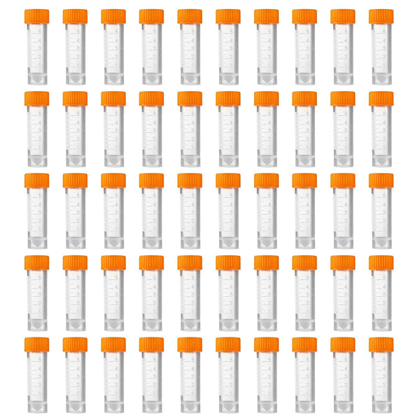 Eowpower 50pcs 5ml Flat Bottom Plastic Graduated Vial Storage Container Test Tubes with Screw Caps