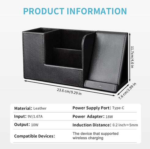 KINGFOM PU Leather Desk Organizer with Wireless Charging Station, 10W Charger for iPhone 14/14 Pro/13/12/Samsung Galaxy