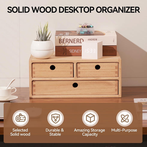 Kirigen Natural Wooden Desktop Organizer - Office Supplies Filing Tidy Storage Shelf with 3 Drawers (NA, 2-Layer & 3