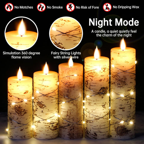 Set 5 4", 5", 6", 7", 8") Da by LED Candles Hand Painted Birch Bark Recessed String Candles of (Heights: Battery