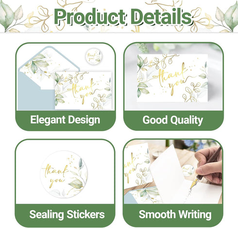 SMUAENSS 24 Pack 4x6 Inch Green Thank You Cards With Envelopes, Eucalyptus Leaves Thank You Card, for Mother's Day