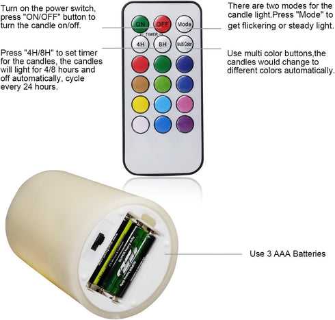 18-Key 3 6 Pack Decor(3" 3",4", 5",6") DRomance Color Changing Flameless Candles with Remote and Timer, AAA Batteries
