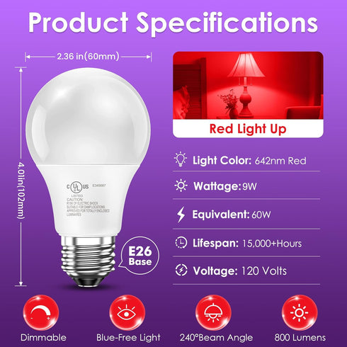 Bulbs Dimmable, 642nm Bulb 100% A19 60W 9W E26 2 Pack TJOY Red Light for Sleep Red Led for Melatonin Promoting, Blue