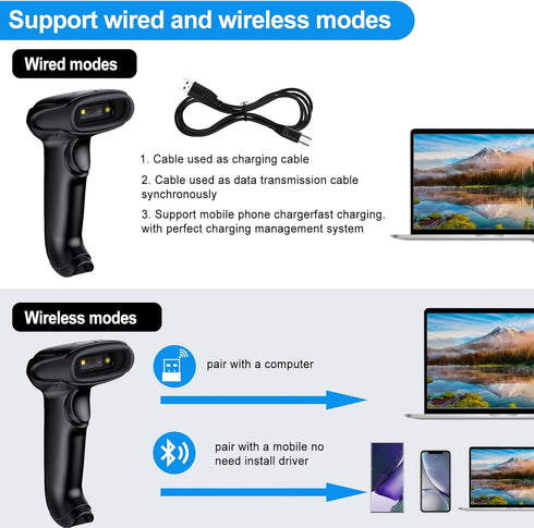 Symcode Bluetooth Barcode Scanner, Handheld USB CCD Cordless Reader with 2.4G Wireless & Bluetooth Function, Compatible