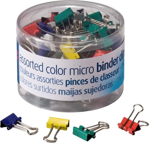Officemate Micro Binder Clips, Assorted Colors, 100 Clips per Tub