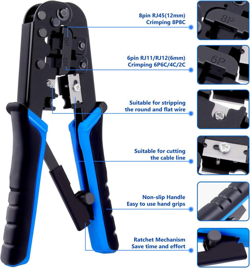 Delgada RJ45 Ethernet Crimping Tool Kit - 4in1 Professional Cutter Stripper for RJ-11, RJ-12, RJ-45 with 20pcs Cat5e