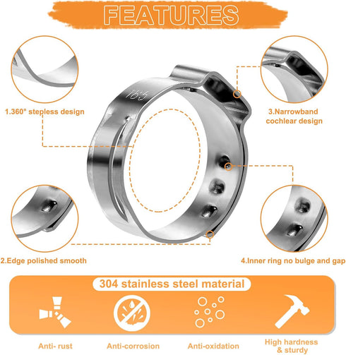 120PCS 11 Sizes Single Ear Hose Clamps, 304 Stainless Steel Stepless Cinch Rings Crimp Assortment Kit with Ear Clamp