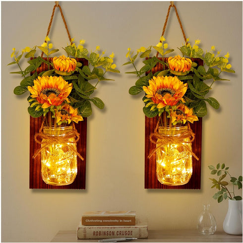 Set OurWarm Sunflower Wall Sconces of Two, Mason Jar Sconces Farmhouse Wall Decor Comes with Remote Control and Warm