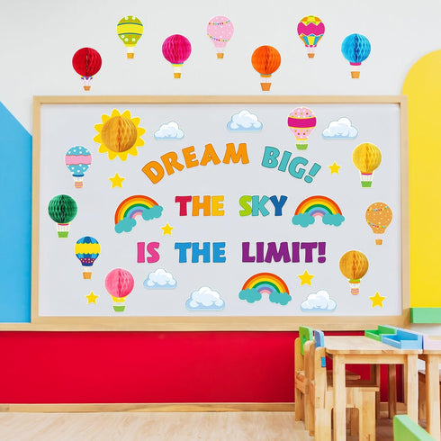 Funrous 82 Pcs Colorful 3D Hot Air Balloon Bulletin Board Set, Honeycomb Cloud Rainbow Cutouts for Preschool Classroom