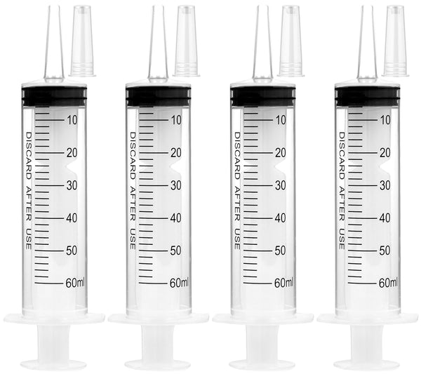 4 Pack 60ml Syringes with Cap, Sterile Individually Packaged for Labs, Liquid Measuring, Feeding Pets, Oil