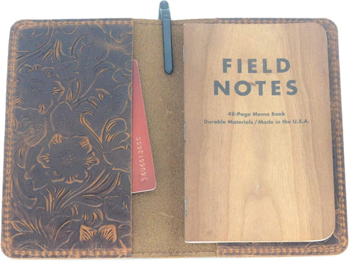 JJNUSA Distressed Leather Checkbook Journal Cover, Vintage Refillable Notepad, 3.5" x 5.5", Flower Brown