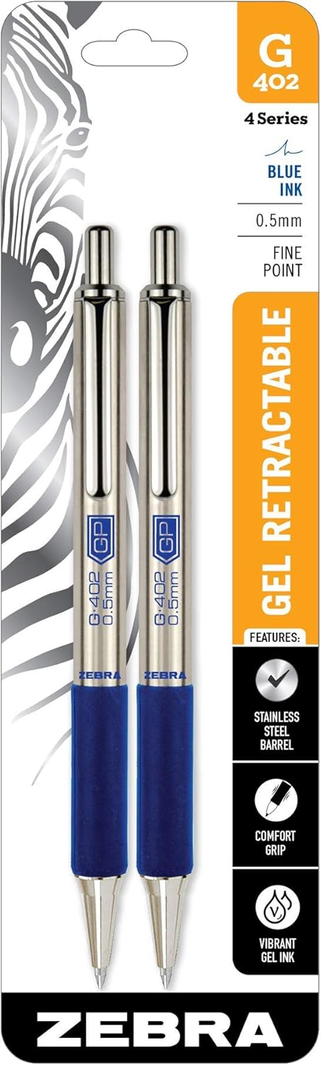 Zebra Pen G-402 Retractable Gel Pen, Stainless Steel Barrel, Fine Point 0.5mm, Blue Ink, 2-Pack