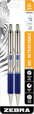 Zebra Pen G-402 Retractable Gel Pen, Stainless Steel Barrel, Fine Point 0.5mm, Blue Ink, 2-Pack