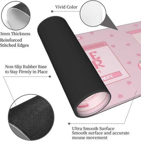 Pink Game Strawberry Milk Gaming Mouse Pad XL, Large Extended Mousepad Desk Pad, Long Nonslip Rubber Mice Mats,