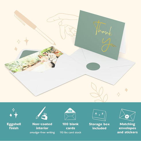 Set 100 Pack 4x6 VNS Creations Gold Foil Thank You Cards With Envelopes Bulk & Stickers - Blank Thank You Notes - Large