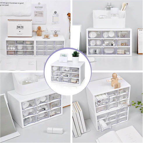 FODIENS Desk Storage Organizer with 9 Drawers, Stackable Craft Drawer Cabinet, Clear Box Caddy for Makeup Jewelry Office