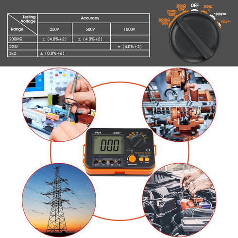 Digital Insulation Resistance Tester VICI VC60B+, Megohm Meter, Double Alarm, Backlight LCD Display, Data Hold