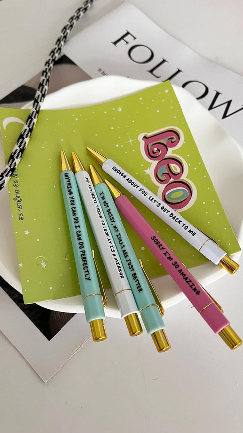Jxueych 5 Pcs Leo Themed Ballpoint Pens, Inspirational Quotes, Medium Nib 1.0mm, Black Ink, Perfect Office Supplies Gift