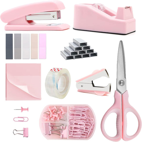 Pink Office Supplies Accessories, Stapler and Tape Dispenser Set for Women, Office Gift for Coworkers