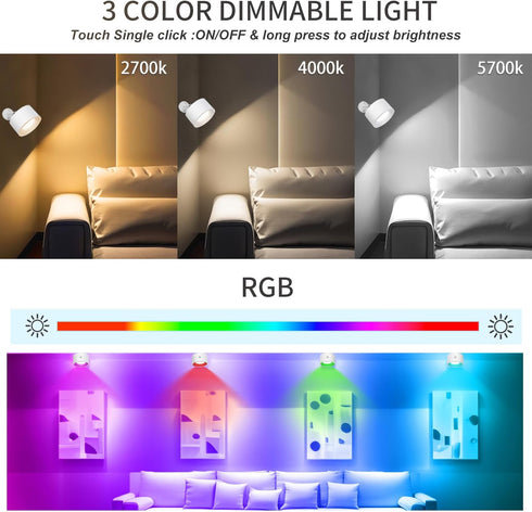 3 360 Dimmable (1 Pack, Adetu LED Wall Mounted Lights, Rechargeable Wall Sconces Lamp, Color Temperatures & Remote