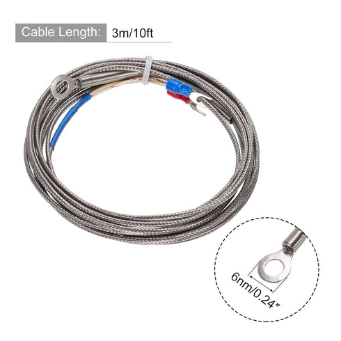 MECCANIXITY K Type Thermocouple Temperature Sensor PT100 6mm Ring High Temperature Probe 10ft Wire 0 to 600°C(32 to 1112°F) Stainless Steel