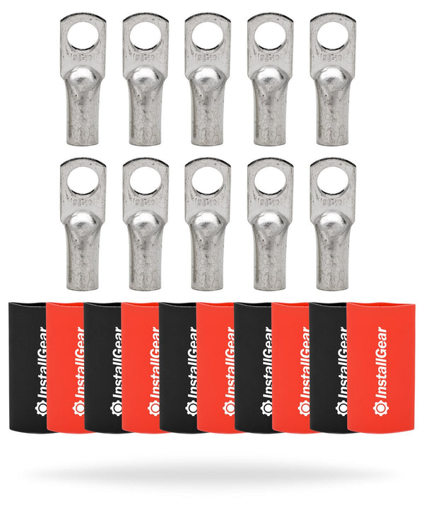 InstallGear 4 Gauge AWG Tinned Pure Copper Lugs Ring Terminals Connectors with Heat Shrink - 10-Pack for Electrical