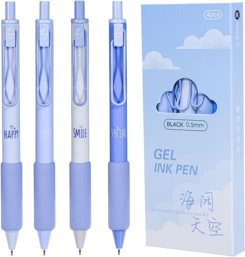 Cute Blue Sky Retractable Ballpoint Pens, Fine Point 0.5mm, Black Ink, 4-Count Pack for School Office Supplies