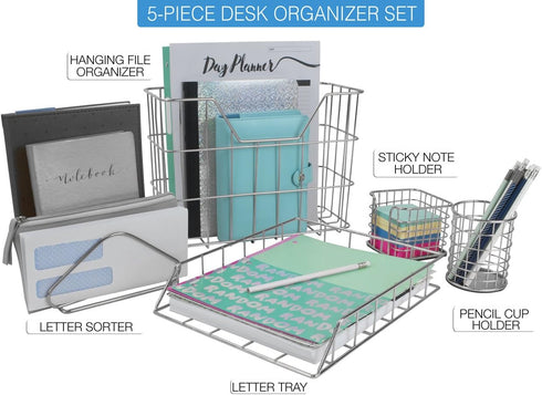 Sorbus Desk Organizer Set, 5-Piece Accessories Set Includes Pencil Cup Holder, Letter Sorter, and Sticky Note Holder