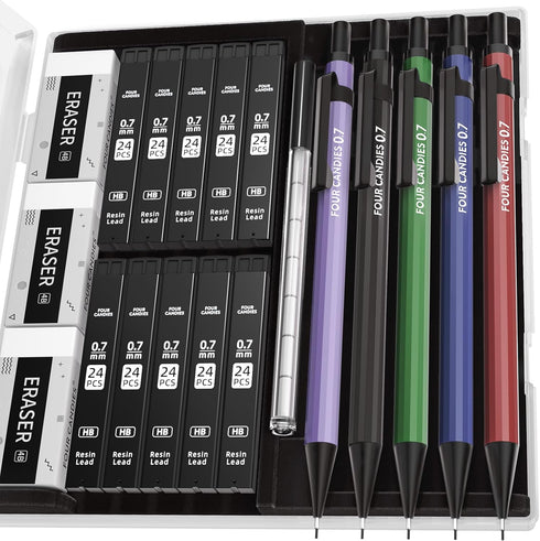 Four Candies 5PCS Metal Mechanical Pencil Set, 0.7mm with Dual Spring, Vintage Barrels, 240 HB #2 Lead Refills
