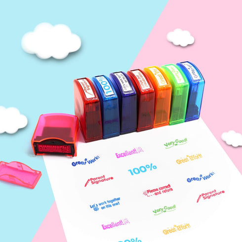 Reliancer Colorful Self-Inking Motivation School Grading Teacher Stamp Set with Tray (8-Piece)