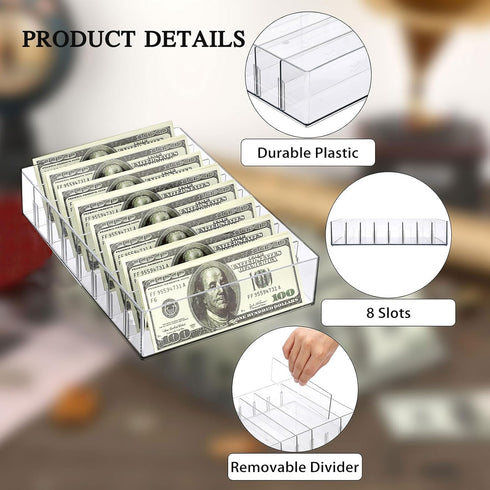 Hipiwe Cash Organizer, Clear Plastic Mail Tray with Removable Divider, 8 Slots for Cash Storage