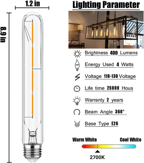 T10 Bulb,8.9 Inch Bulbs,40Watt 2700K 400lm,E26 4W t10 Bulb,LED Bulb,Dimmable Bulbs,Clear Glass,4 Pack. XININSUN Led