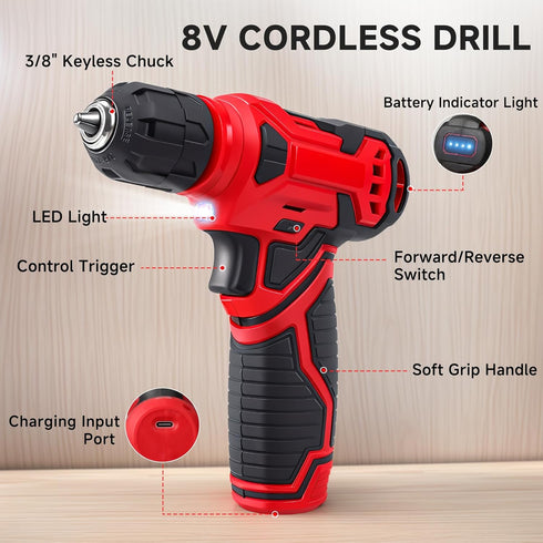 Set 8V Set, 132 Set Tool - Cordless Drill Piece Home Tool With Hand Drill, Tool Kit for Women & Men, Perfect