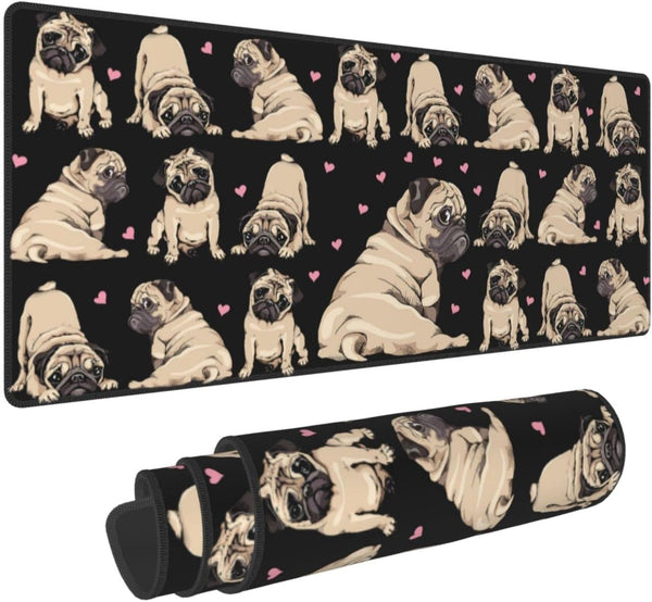 Pug Cute Black Cool FUUNY Dog Love Mouse Pad, XL Extended Non-Slip Rubber Base, 31.5 x 11.8 Inch