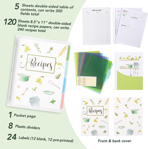 Recipe Book to Write in Your Own Recipes, 8.5" x 11" Personal Blank Recipe Notebook, Removable Hardcover Recipe Journal Book Binder with 8 Dividers and 24 Tabs, Hold up to 240 Recipes