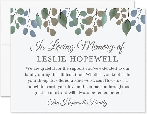 In Loving Memory Funeral Thank You Cards with Leaves, 5.5x4.25 Flat Personalized