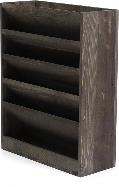 Vintage Rustic Wooden 5 Slot Wall Mounted Document Filing Organizer, Distressed Torched Wood Magazine Rack, Mail Holder
