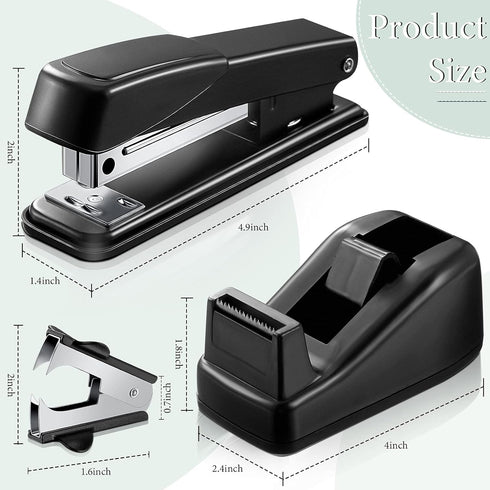 Black Desk Accessory Kit includes Desktop Stapler, Stapler Remover, Single Hole Punch, Tape Dispenser, Stainless Steel Scissors, Small Telescopic Knife and Envelope Slitter Mail Opener (7 Pcs) by Tenare