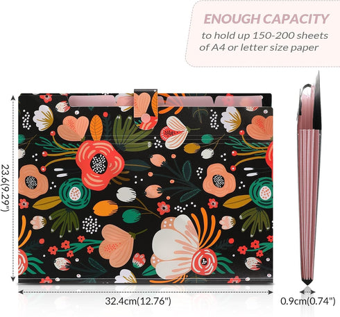 SKYDUE Expanding File Folder - Black - 5 Pockets Floral Accordion File Organizer for Important Documents