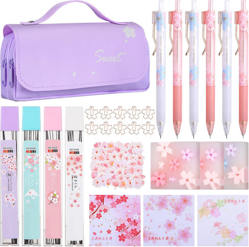 Crtiin 74 Pcs Kawaii Cherry Blossom Stationery Set - Includes Mechanical Pencil, Erasers, and Stickers